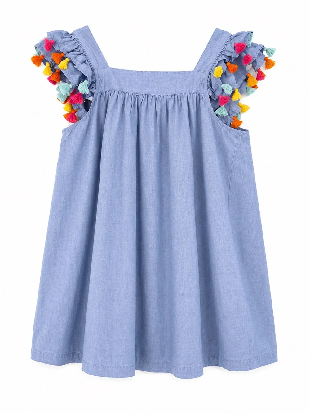 Crown & Ivy Kids Chambray Dress XL Tassel Pom Pom Ruffle Sleeveless Blue